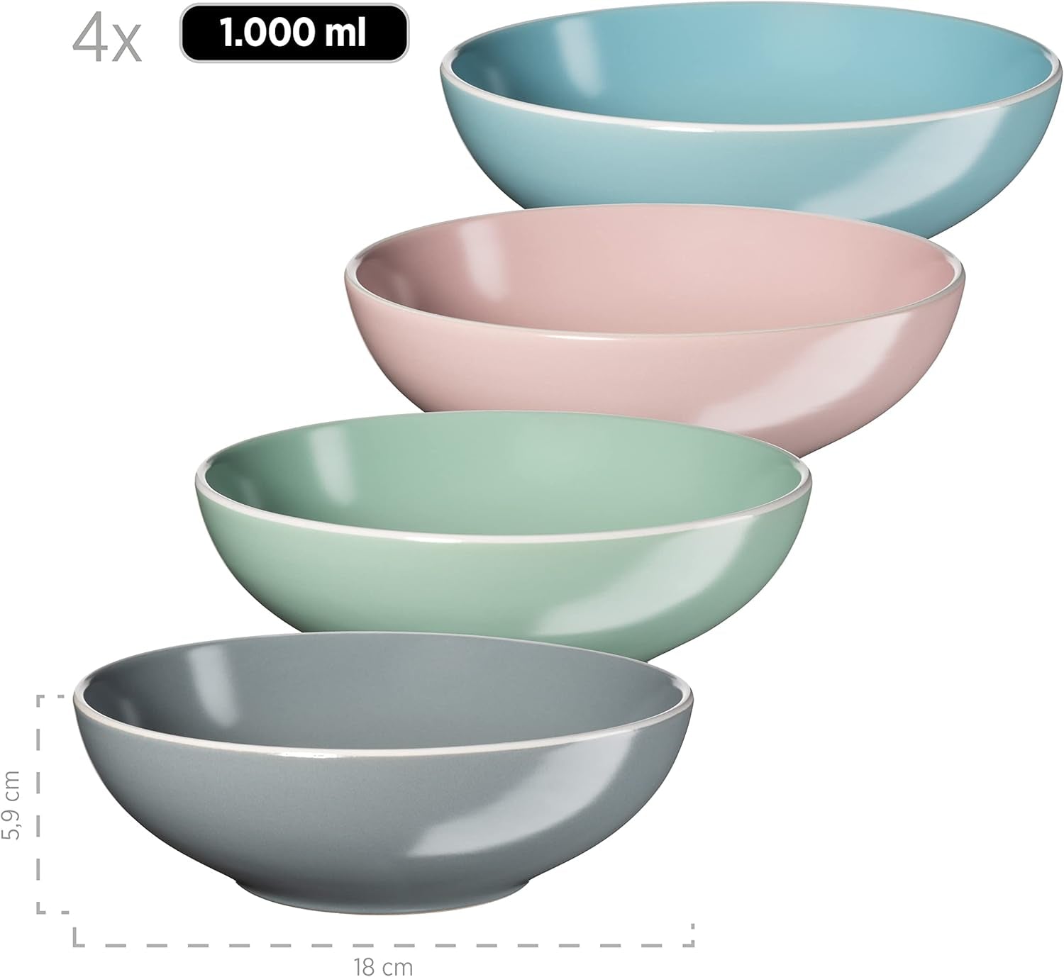 MÄSER 934006 Serie Elissa, Vajilla Moderna para 4 en Esmaltes de Colores Mate con Borde Blanco, Juego Combinado de 16 Piezas, Gres, Multicolor, Gris, Turquesa, Rosa, Verde