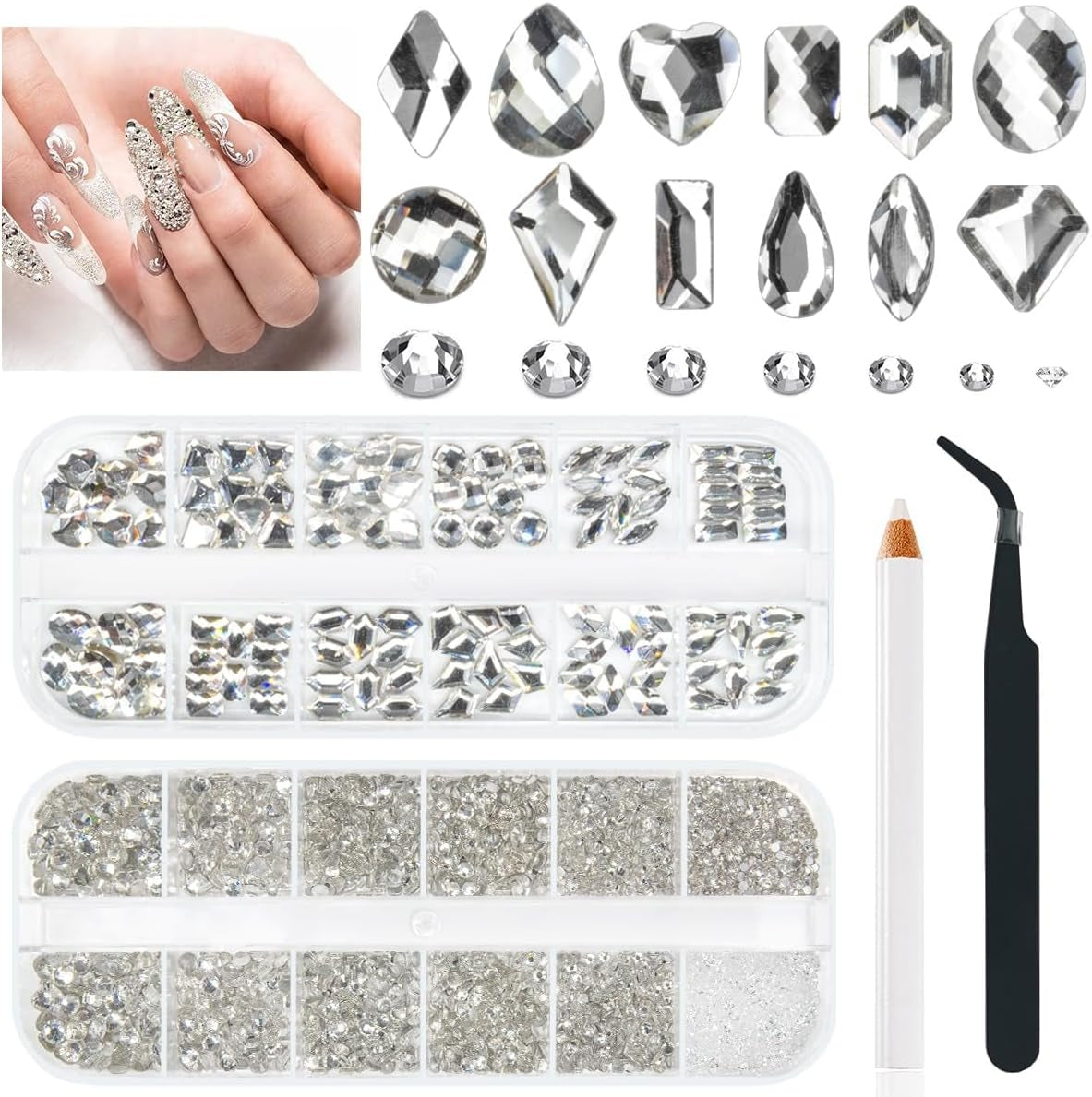 2630 piedras brillantes de cristal AB para uñas, 120 12 tipos de piedras brillantes grandes + 2510 6 tamaños de piedras redondas de cristal K9 para uñas, diamantes de imitación, diseños de uñas, dijes de uñas para arte facial