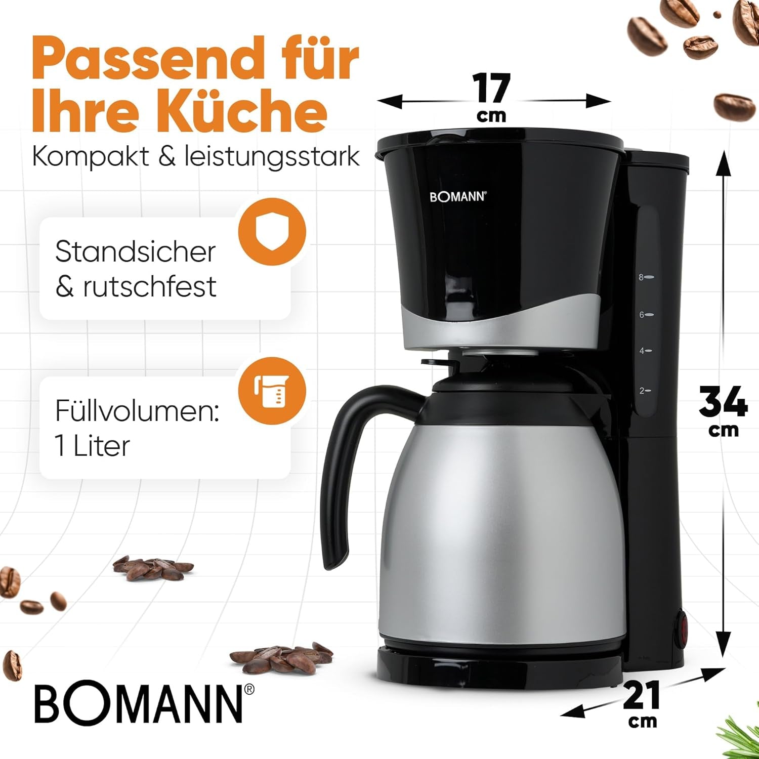 Cafetera Bomann® con termo | para 8-10 tazas de café | sin pérdida de temperatura | cafetera con filtro | 1 litro | Café expreso | Cafetera de filtro con termo | KA 168 negro