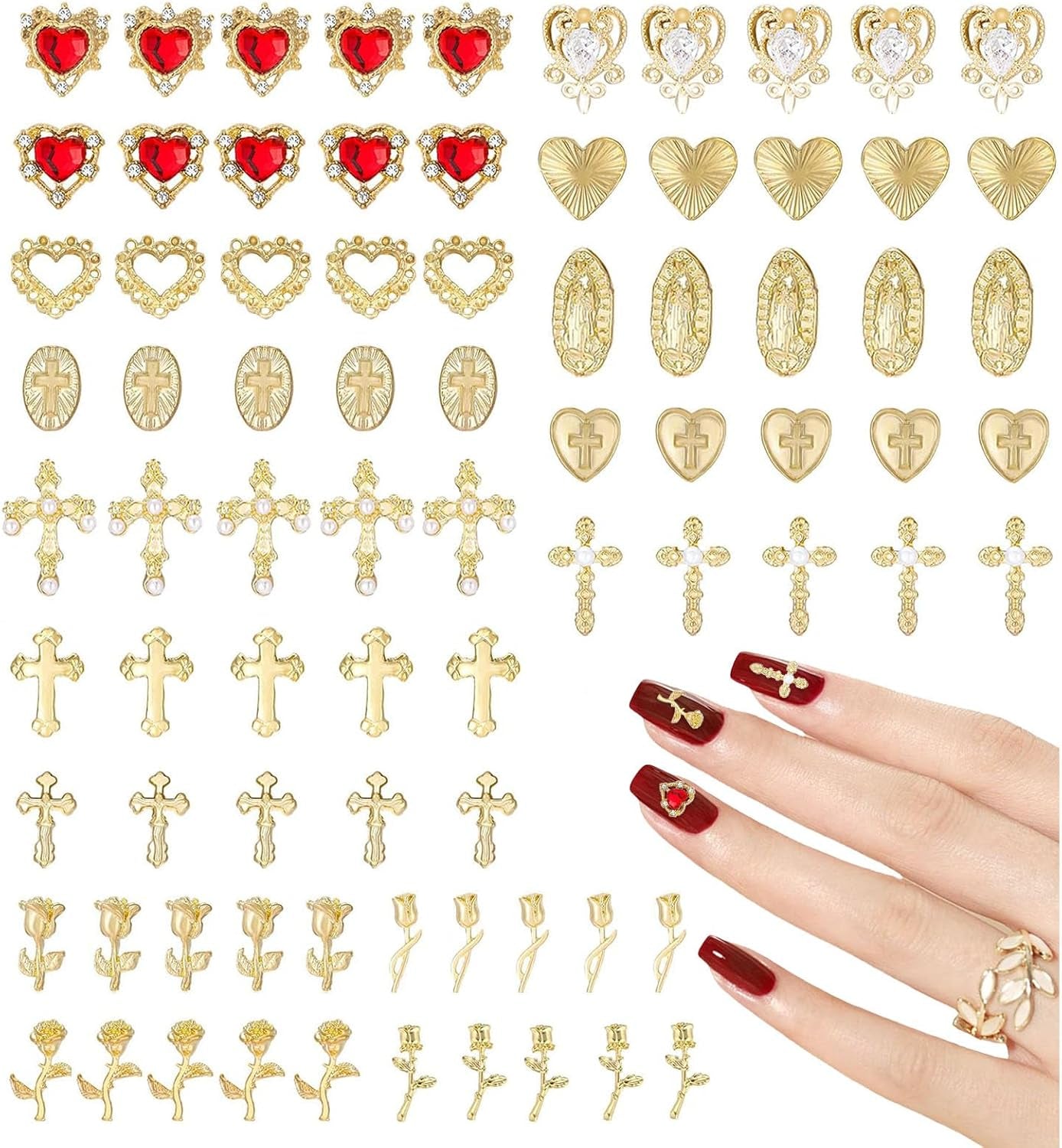 Dijes de uñas dorados, 80 piezas, cruz, corazón de rosa, gemas de uñas de la Virgen María, accesorios de uñas de aleación de metal para decoraciones de diseño de manicura, manualidades DIY