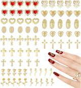 Dijes de uñas dorados, 80 piezas, cruz, corazón de rosa, gemas de uñas de la Virgen María, accesorios de uñas de aleación de metal para decoraciones de diseño de manicura, manualidades DIY