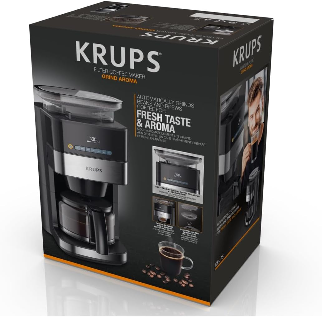 Máquina de café espresso Krups KM8328 Moler con molinillo | Temporizador de 24 horas | Contenedor de cereales 180 g | Capacidad 1,25 l para hasta 15 tazas de café | Función de apagado automático | 3 configuraciones de molienda | Negro