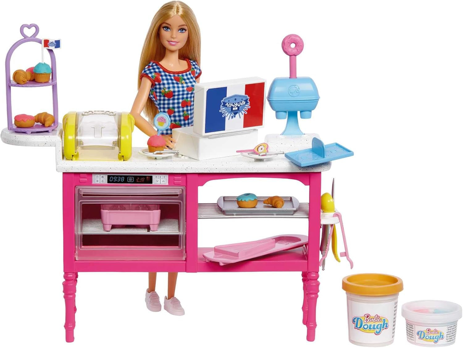 Muñeca Barbie Malibu Roberts y juego para hornear de 18 piezas, que incluye plastilina y moldes para rosquillas, croissants y muffins, para edades de 3 años en adelante, HJY19