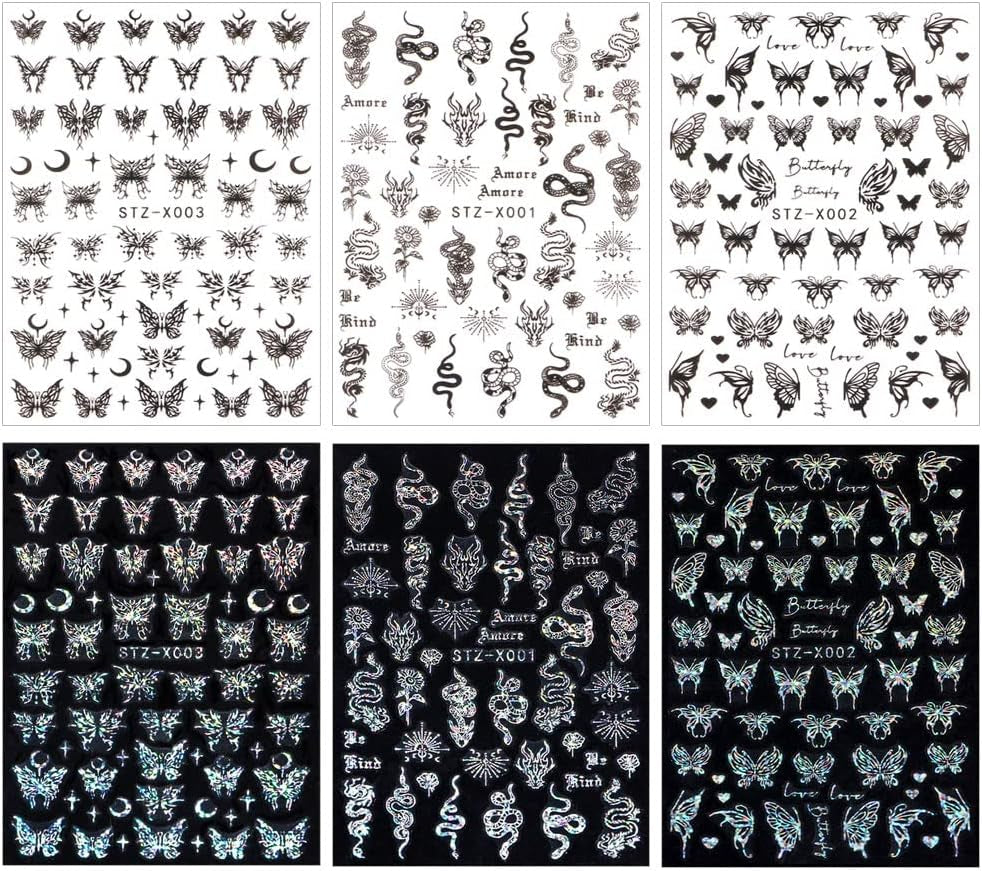 6 Blatt Schmetterling Nagelsticker Selbstklebend Laser Silber Schmetterlings Nagelaufkleber 3D Aurora Silber Schwarz Schmetterlinge Nagel Pegatinas Frühling Nageldesign Nail Sticker Nail Art Zubehör
