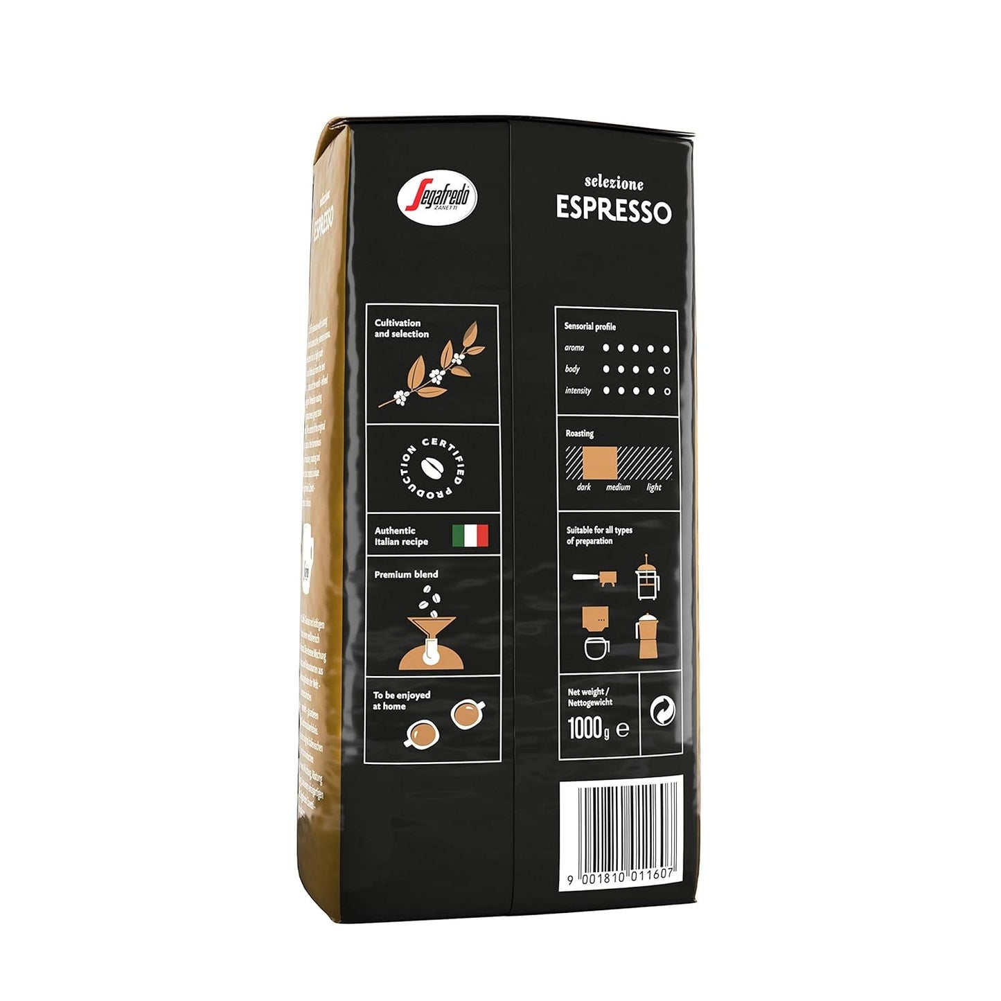 Segafredo Zanetti Selezione Espresso - Grano entero (paquete de 1kg) - Apto para todas las especialidades de café italiano - Tostado medio a oscuro, sabor fuerte e intenso