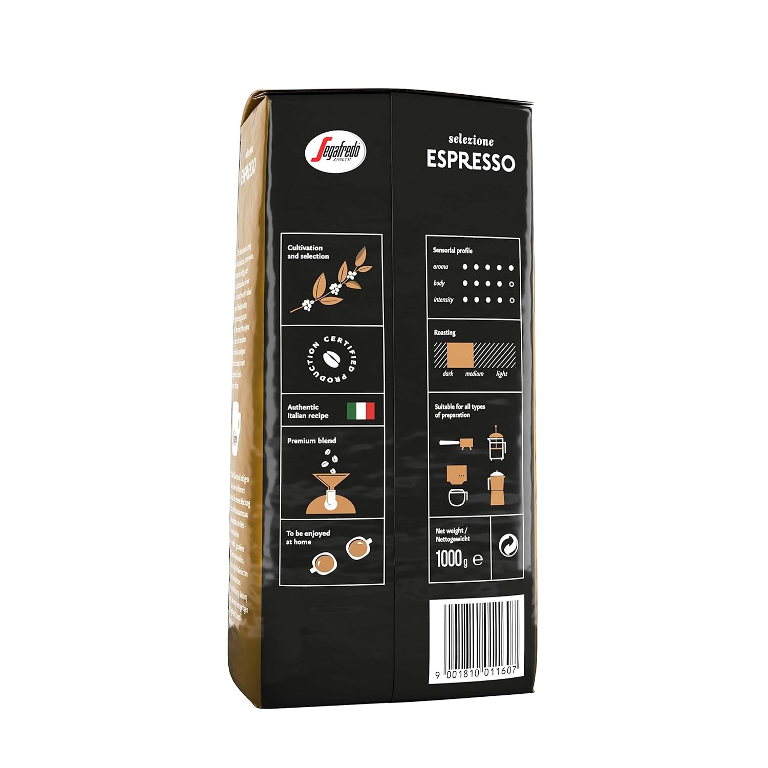 Segafredo Zanetti Selezione Espresso - Grano entero (paquete de 1kg) - Apto para todas las especialidades de café italiano - Tostado medio a oscuro, sabor fuerte e intenso