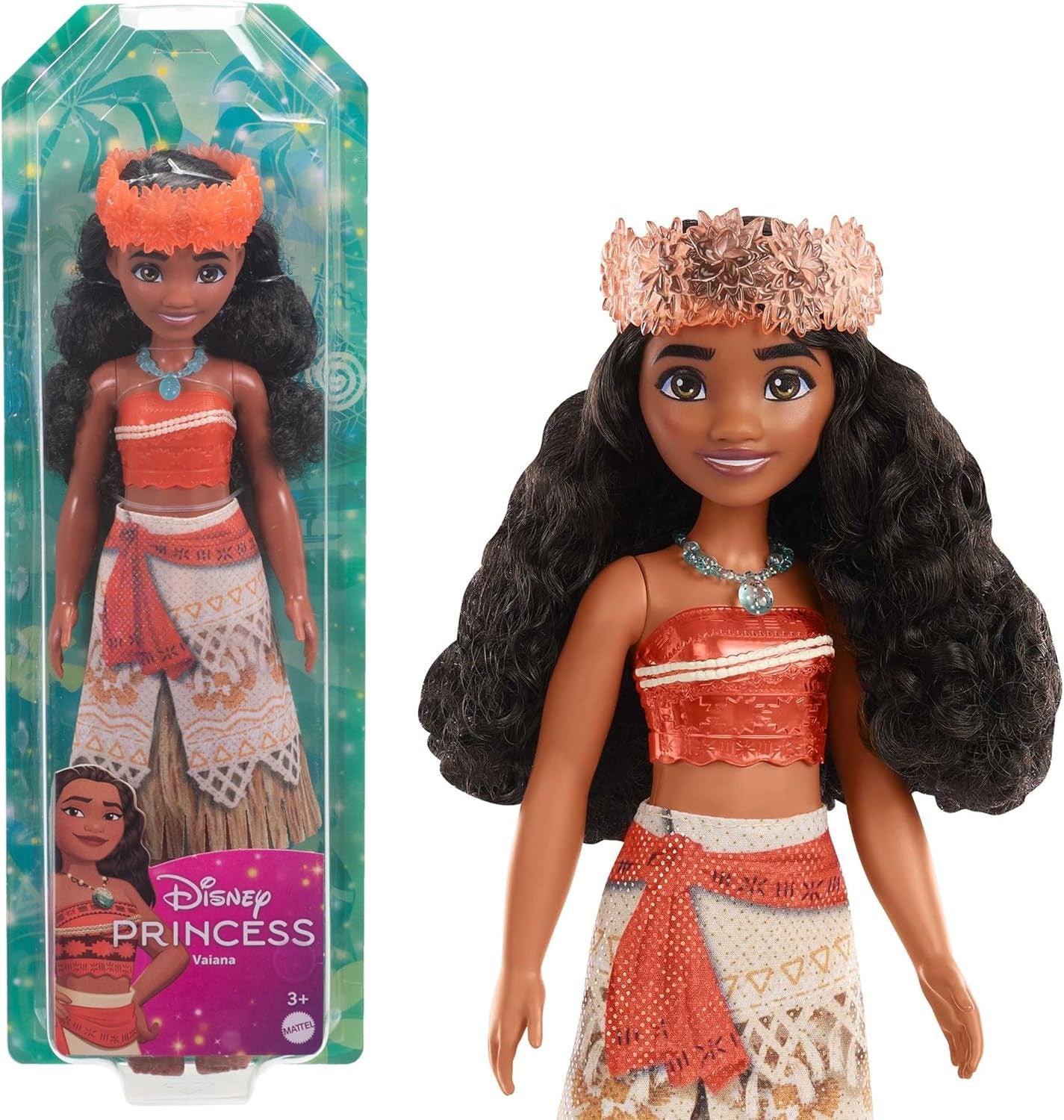 Mattel DISNEY Moana - Muñeca de moda articulada con traje de purpurina, diadema y collar desmontables, para niños a partir de 3 años, HPG68