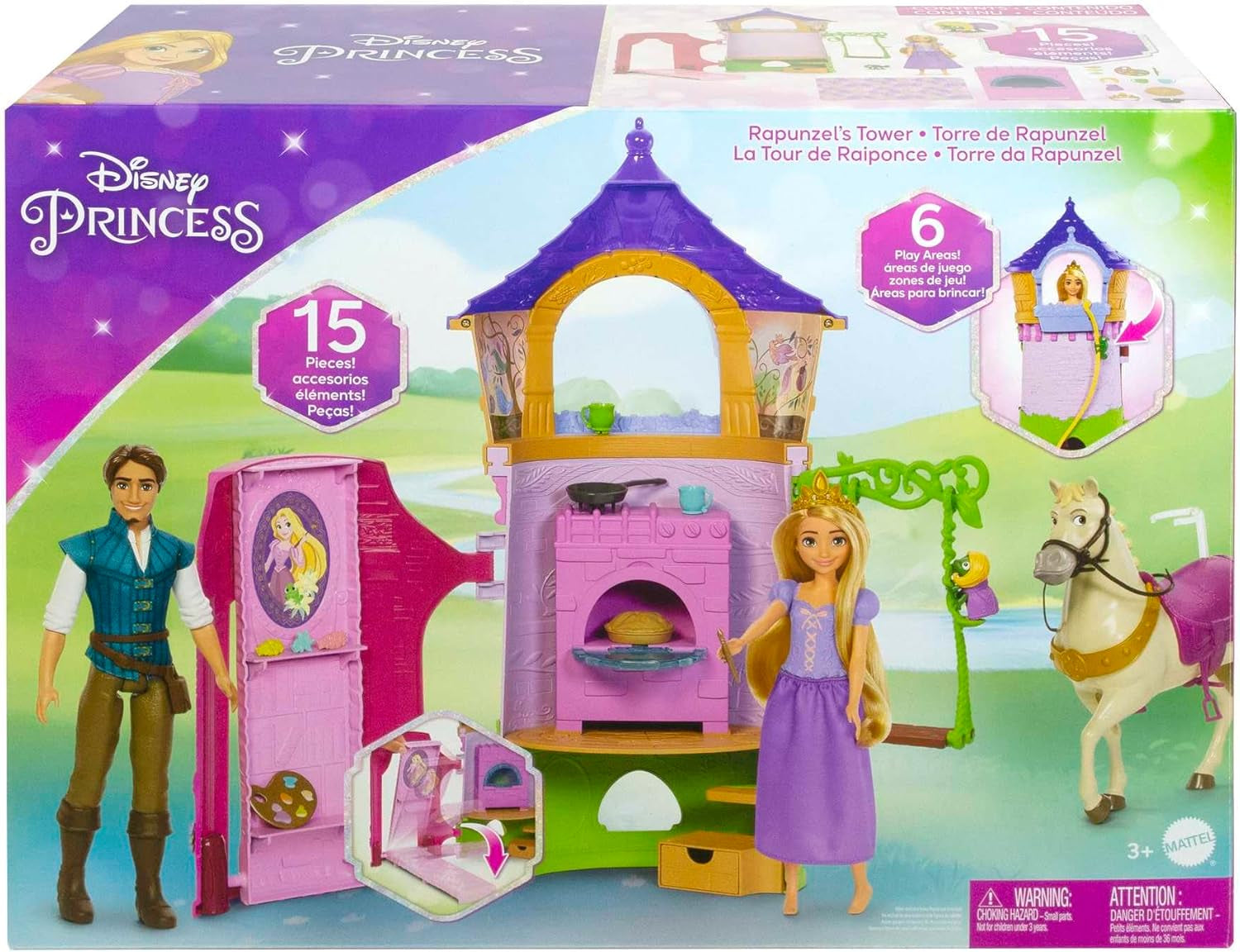 Princesas Disney HMV99 - Muñeca Rapunzel Móvil y Torre de Juegos con Diversión por Todos lados, 6 Zonas de Juego y 15 Accesorios, Inspirada en la Película de Disney, Juguetes para Muñecas 3 Años Naty Shop Dolls