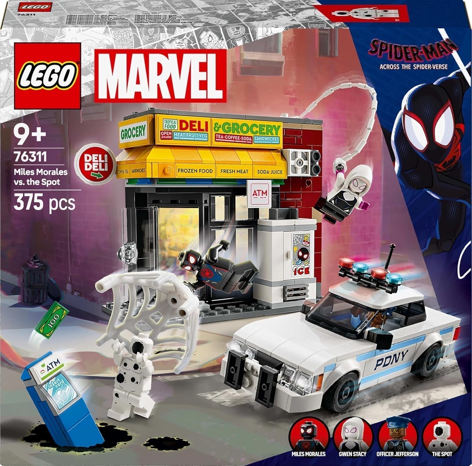 LEGO Marvel Spider-Verso: Miles Morales vs. Spot - Juego de superhéroe con coche de juguete - 4 minifiguras y mini mercado - Regalo para niños y niñas a partir de 9 años 76311 Juegos de construcción Besuche den LEGO-Store