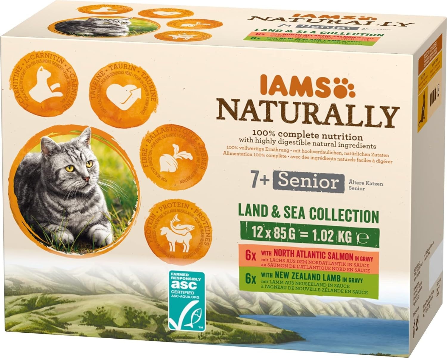 IAMS Naturally Senior Comida húmeda en salsa - Comida húmeda de carne y pescado de alta calidad para gatos mayores, Colección Land & Sea, 12 x 85 g
