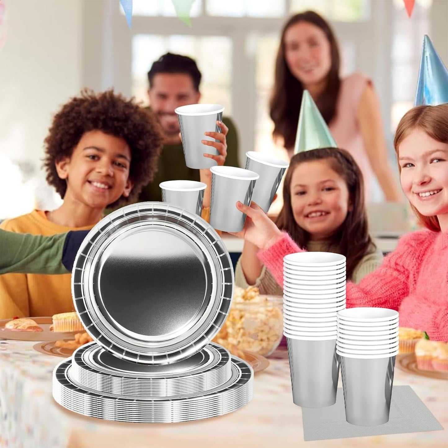 Juego de Cubiertos de Papel Plateado de 68 Piezas, Platos de Papel Plateados, Vasos de Papel, Servilletas, Vajilla Decorativa para Fiestas, Cumpleaños, Bodas, Año Nuevo, Suministros para Fiestas de Graduación