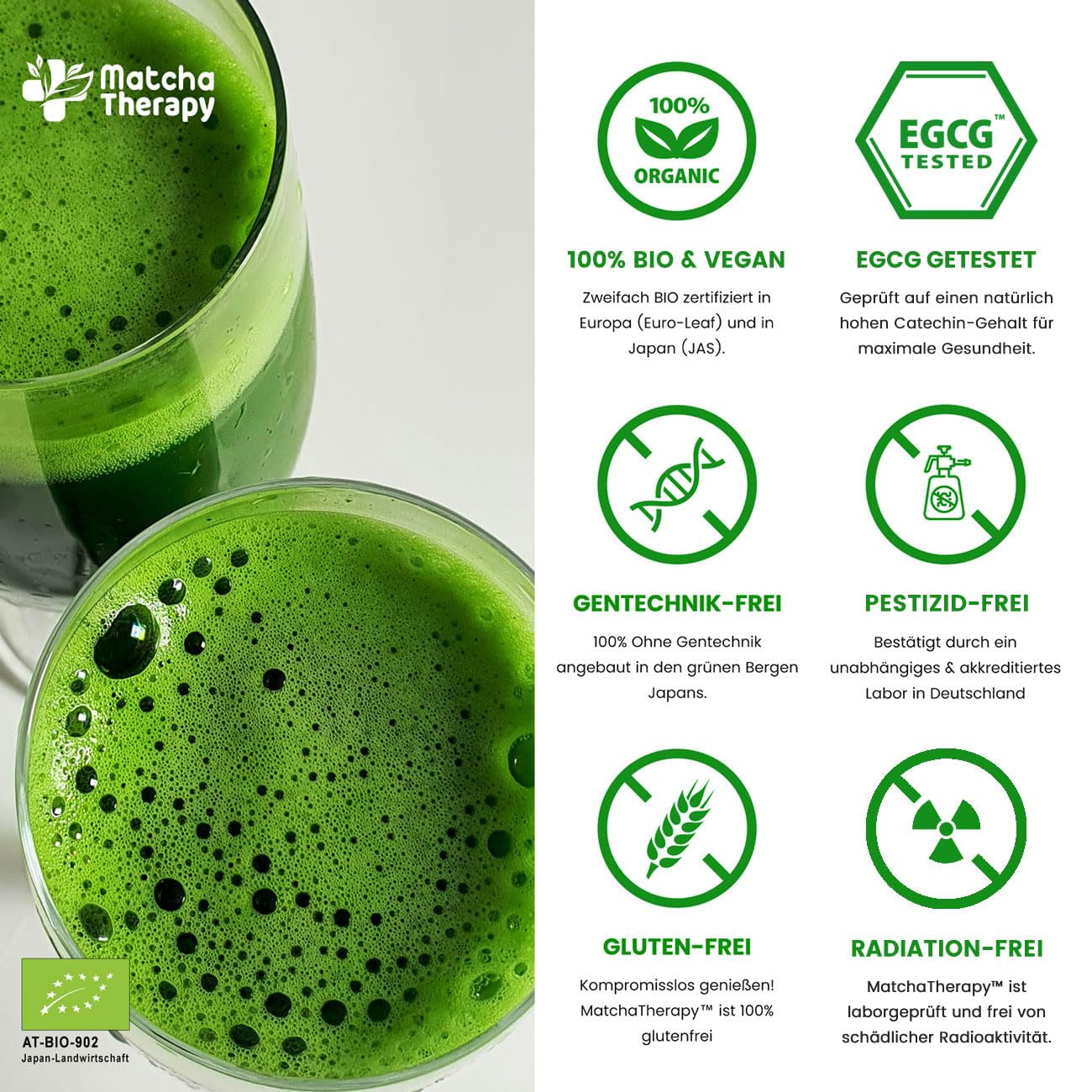 Terapia Matcha 30+ | Té Matcha orgánico en polvo | 60 gramos | Con un contenido comprobado de al menos 30 mg/g de catequina EGCG | Apoya el sistema inmunológico y los niveles de energía | Calidad Ceremonial | Té verde de Japón