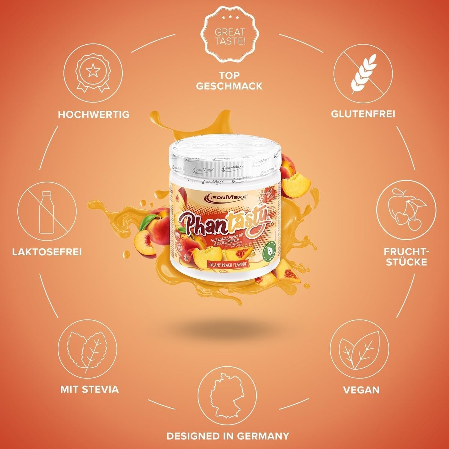 Ironmaxx Phantasty - Melocotón Cremoso Dosis 250G | Vegan Geschmackspulver Mit Echten Frucht- Oder Nussstückchen | Perfekter Zuckerersatz Edulcorantes Naty Shop