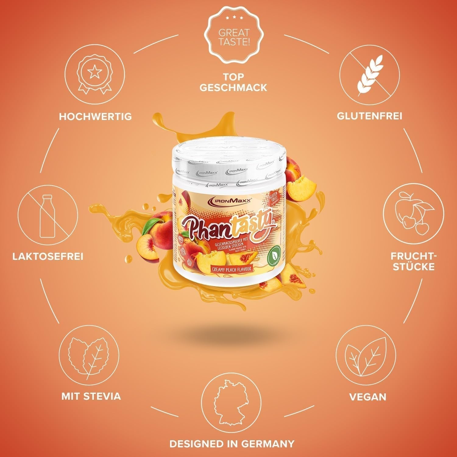 Ironmaxx Phantasty - Melocotón Cremoso Dosis 250G | Vegan Geschmackspulver Mit Echten Frucht- Oder Nussstückchen | Perfekter Zuckerersatz Edulcorantes Naty Shop