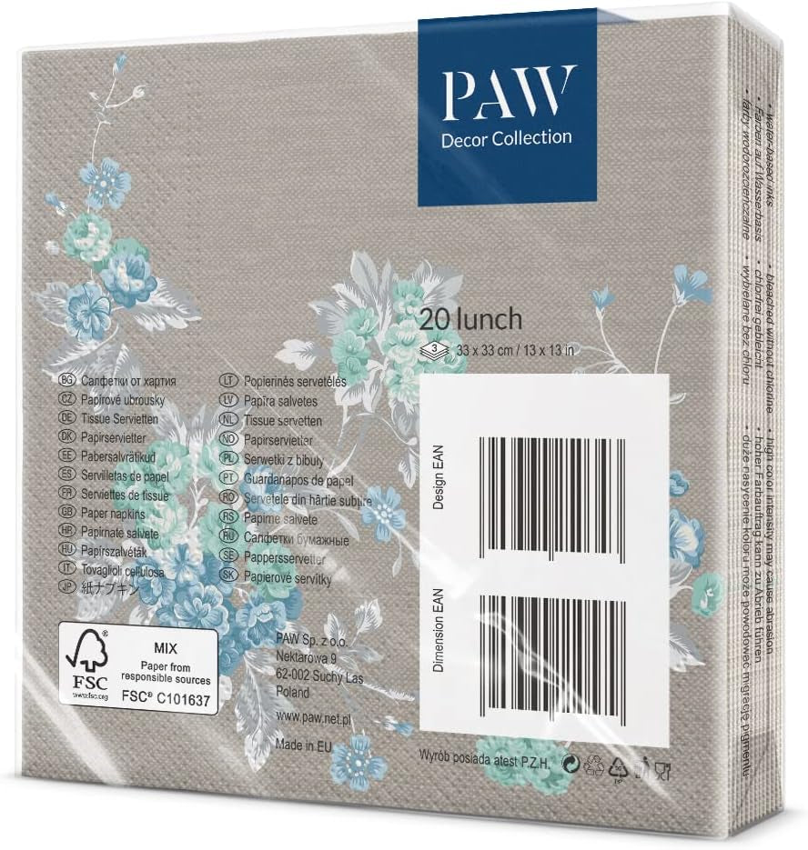 PAW - Servilletas de 3 capas (33 x 33 cm) I 20 piezas I Perfectas para cumpleaños, fiestas, bodas, comuniones y días festivos I Servilletas de papel de colores - Flores elegantes I Color: Jardín tranquilo
