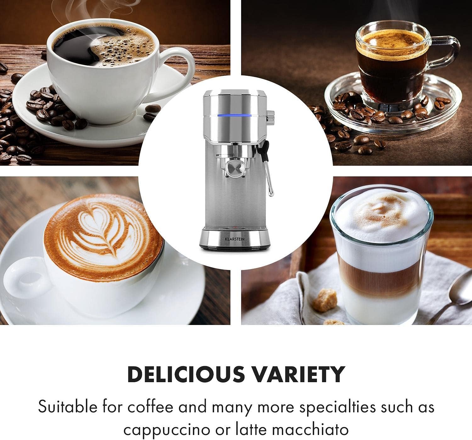 Klarstein Futura Cafetera espresso, Cafetera espresso portátil con filtro, 1450 W, 20 bar, Calidad barista, Doble boquilla, Parada de flujo, Cafetera espresso portátil con filtro, Función espumador de leche, Plata