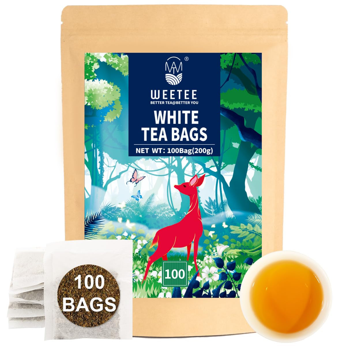 WEETEE Bolsitas de té verde, 100 piezas de bolsitas de té verde, té verde puro, súper antioxidante | Bolsitas resellables | Preparación fría o caliente