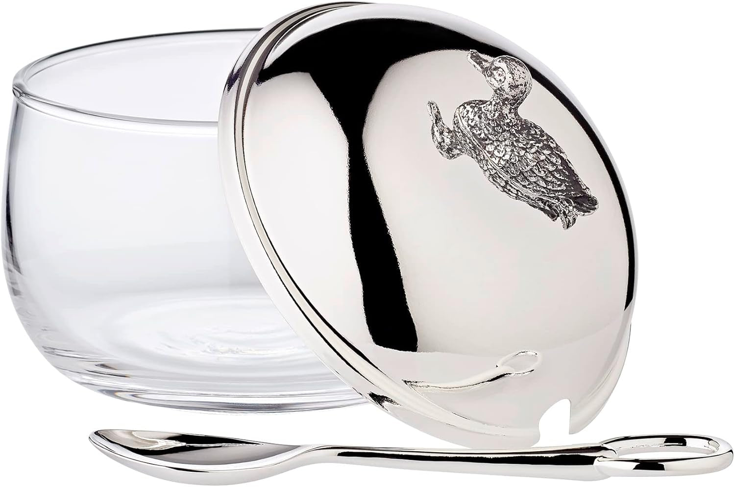EDZARD Tarro de mermelada de pato (Ø 10 cm) de plata y cristal - Caja y cuchara - Cuenco, azucarero, queso - Tarro de mermelada con tapa, almacenaje con tapa, caja de regalo con cerradura