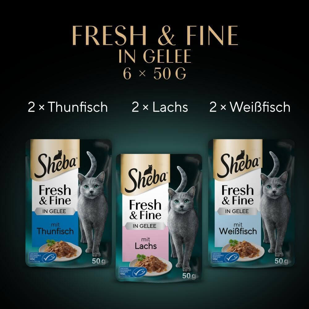 Sheba Portion Bolsas Comida húmeda para gatos, Multipack Fresh & Fine en gelatina con atún MSC y salmón, 6x6x50g - Comidas saludables para gatos con gelatina