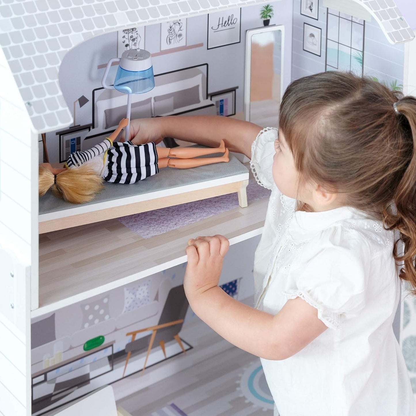 Teamson Kids Olivia's Little World Casa de muñecas gigante con muebles y accesorios, casa de muñecas de madera, juego de 3 niveles para muñecas de 30 cm, a partir de 3 años