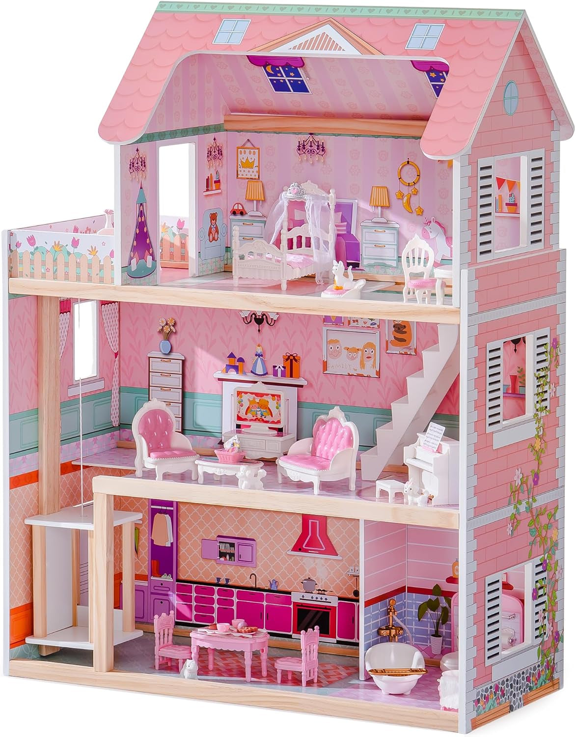 ROBUD Casa de muñecas de madera para niños, casa de muñecas, juguete de regalo para niñas y niños de 3, 4, 5 y 6 años