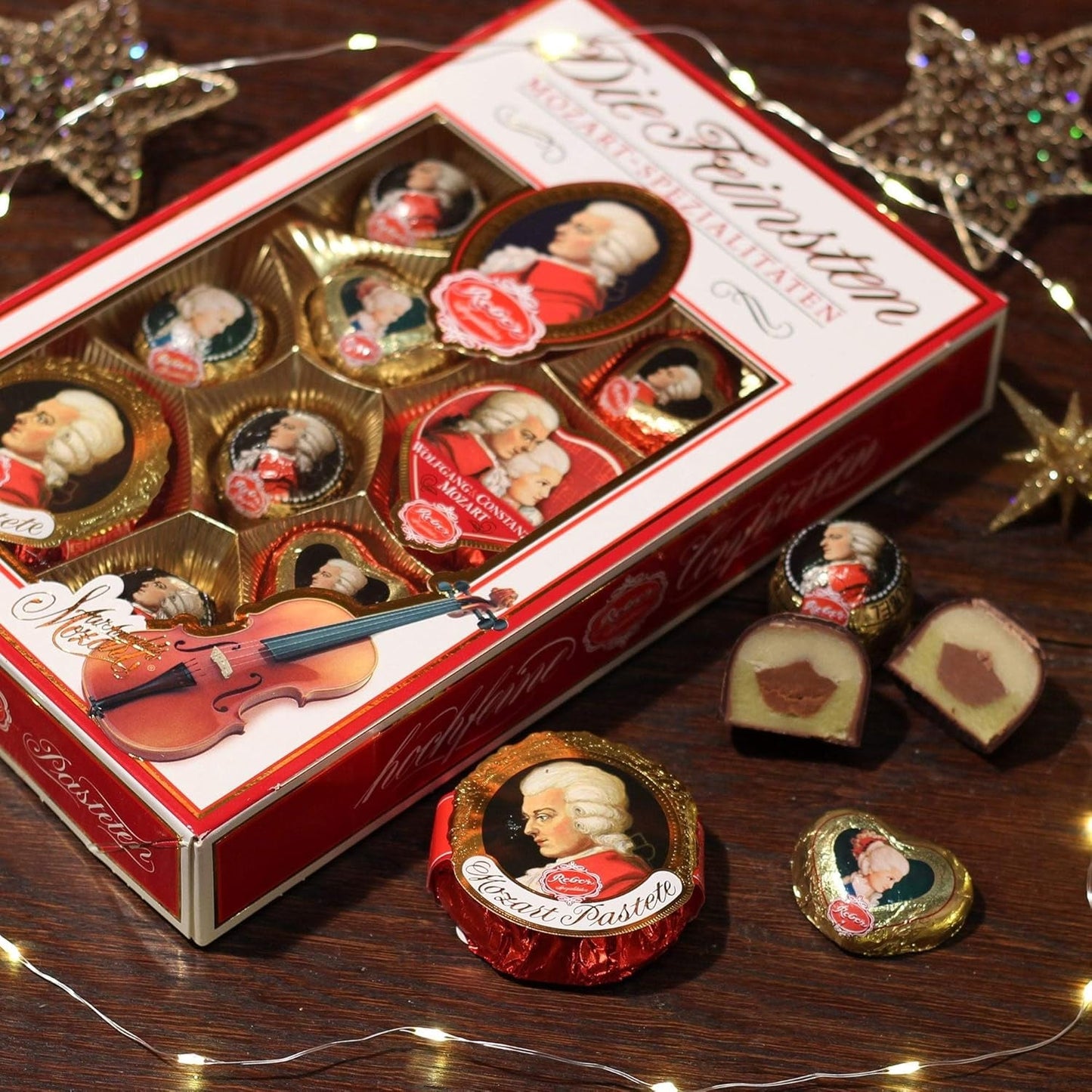 Reber Bolitas Mozart con chocolate negro, pack de 6 con mazapán y turrón, vegano - 1 x 120 g