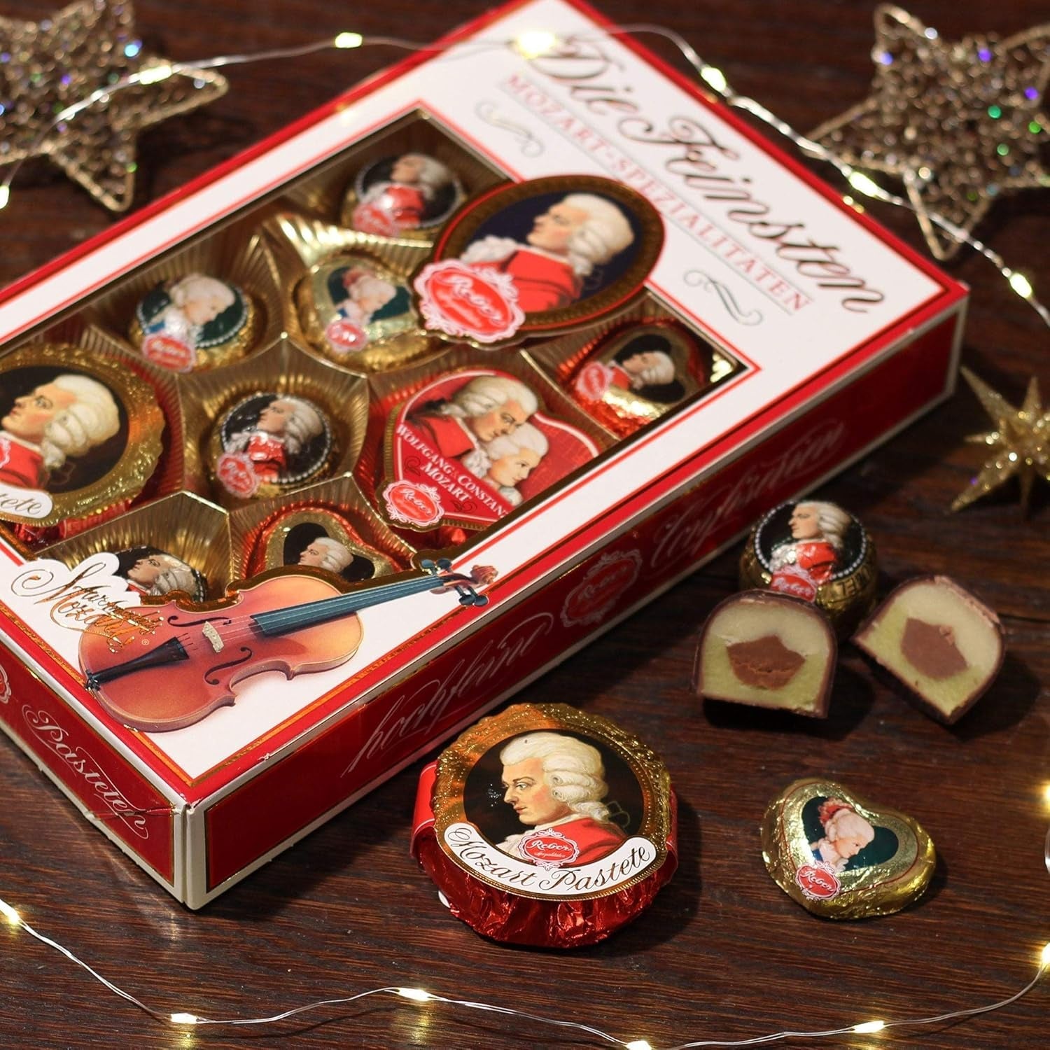 Reber Bolitas Mozart con chocolate negro, pack de 6 con mazapán y turrón, vegano - 1 x 120 g