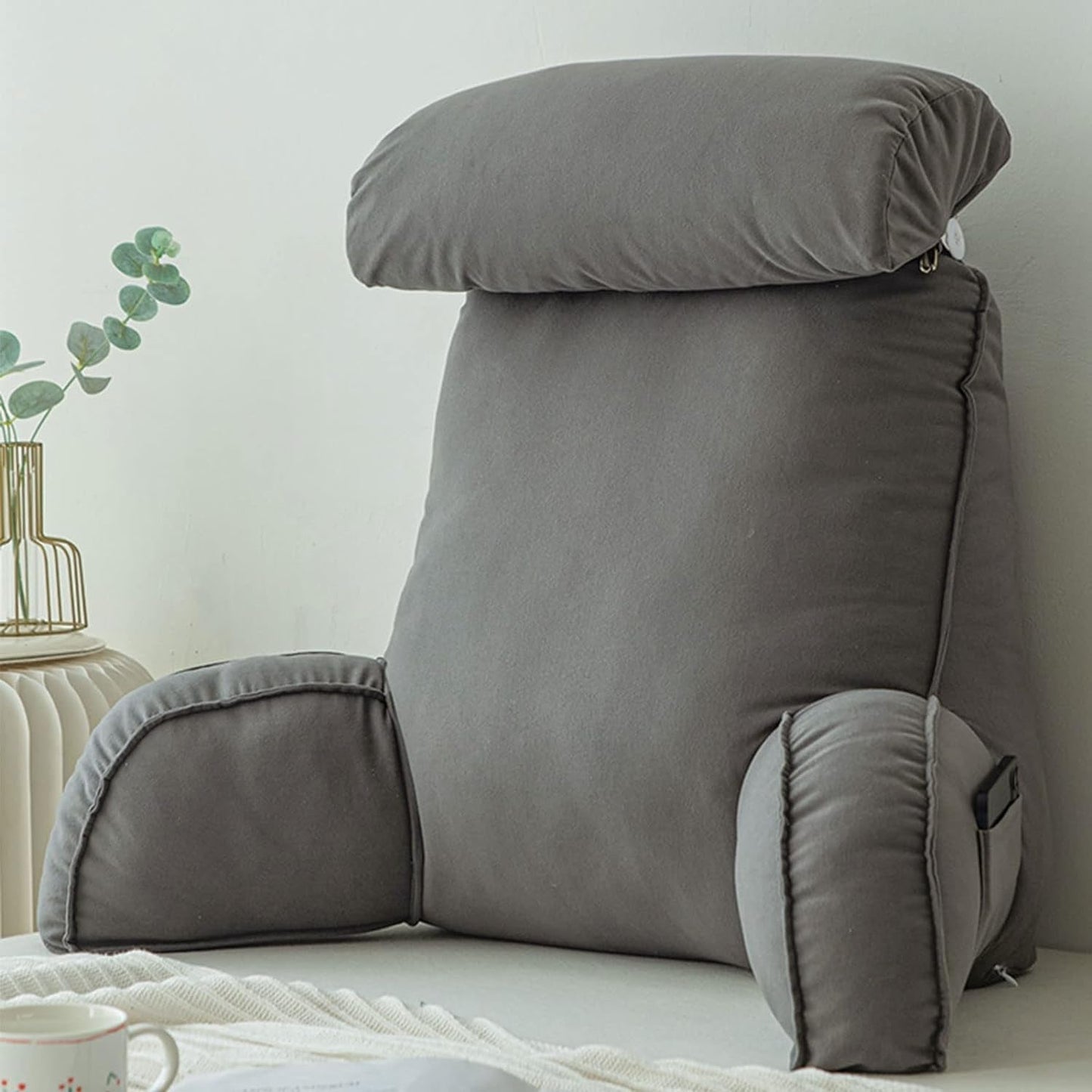 Almohada de lectura con reposabrazos, cojín para respaldo de sofá, cojín para libros para cama, con rollo para el cuello desmontable, cojín de apoyo para silla para relajarse, jugar, leer, mirar televisión