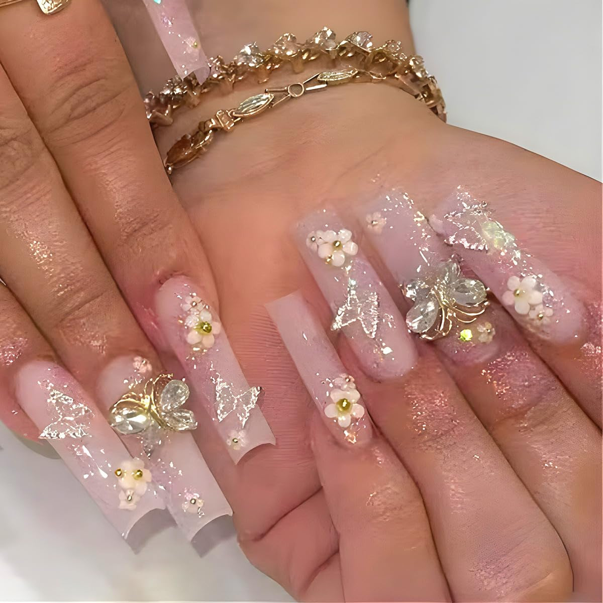 24 piezas de prensa larga en las uñas ataúd uñas artificiales mariposa flor uñas adhesivas blanco marrón acrílico juego de uñas puntas de uñas mujeres primavera verano accesorios de uñas