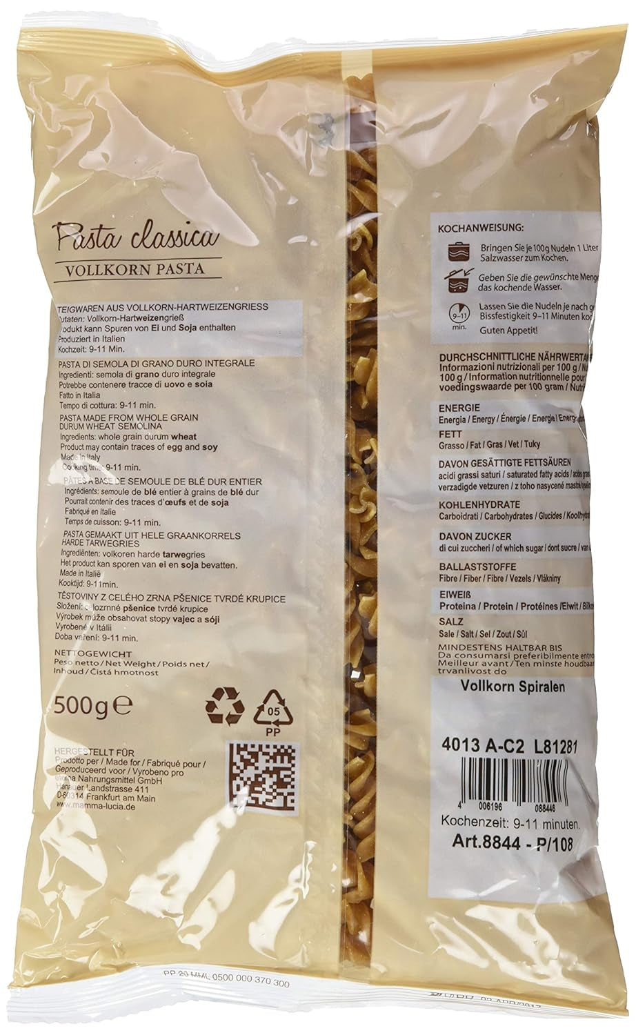 Espirales de pasta integral, paquete de 10 (10 x 500 g)