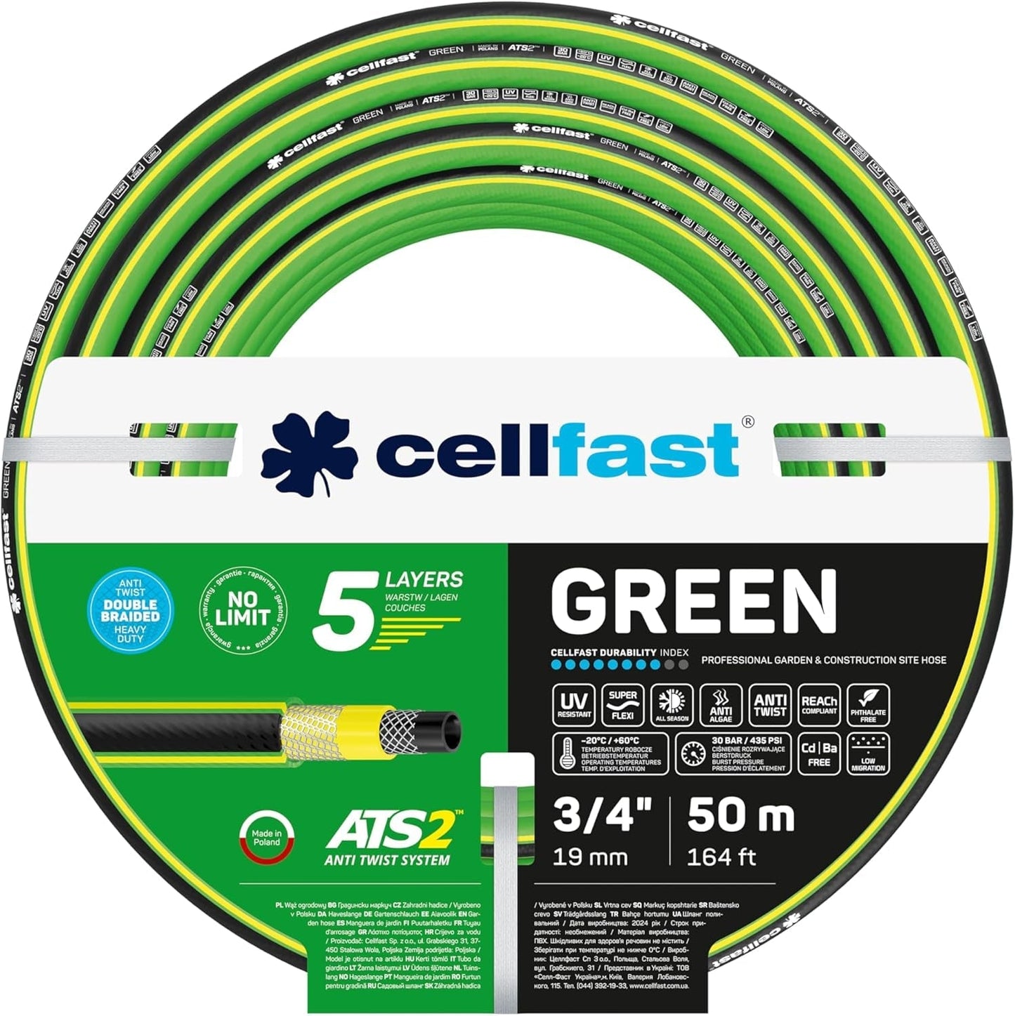 CELLFAST Manguera de jardín Manguera de agua de 5 capas Manguera de riego transfronteriza trenzada doble Resistente a los rayos UV Antialgas Flexible 30 bar 3,4 pulgadas 50 metros Verde