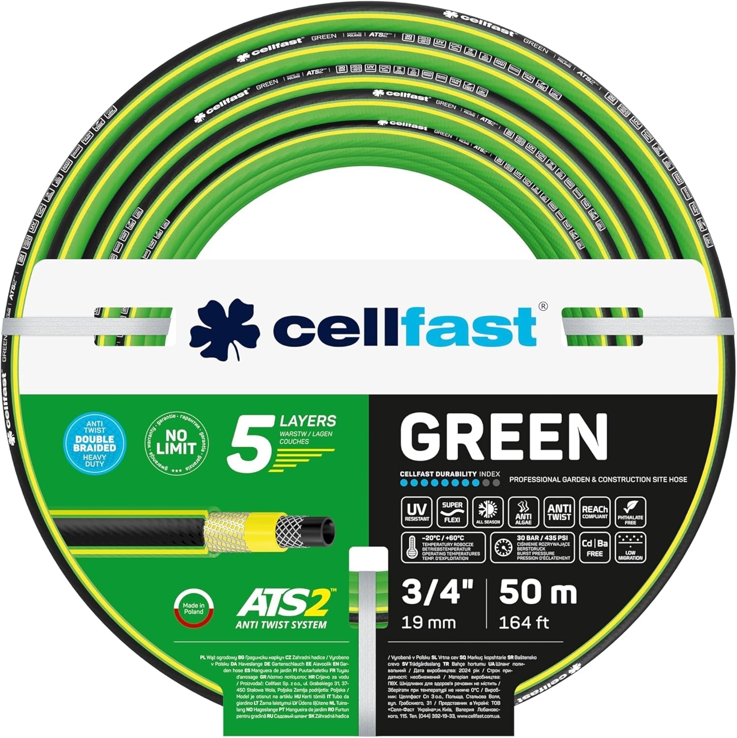 CELLFAST Manguera de jardín Manguera de agua de 5 capas Manguera de riego transfronteriza trenzada doble Resistente a los rayos UV Antialgas Flexible 30 bar 3,4 pulgadas 50 metros Verde