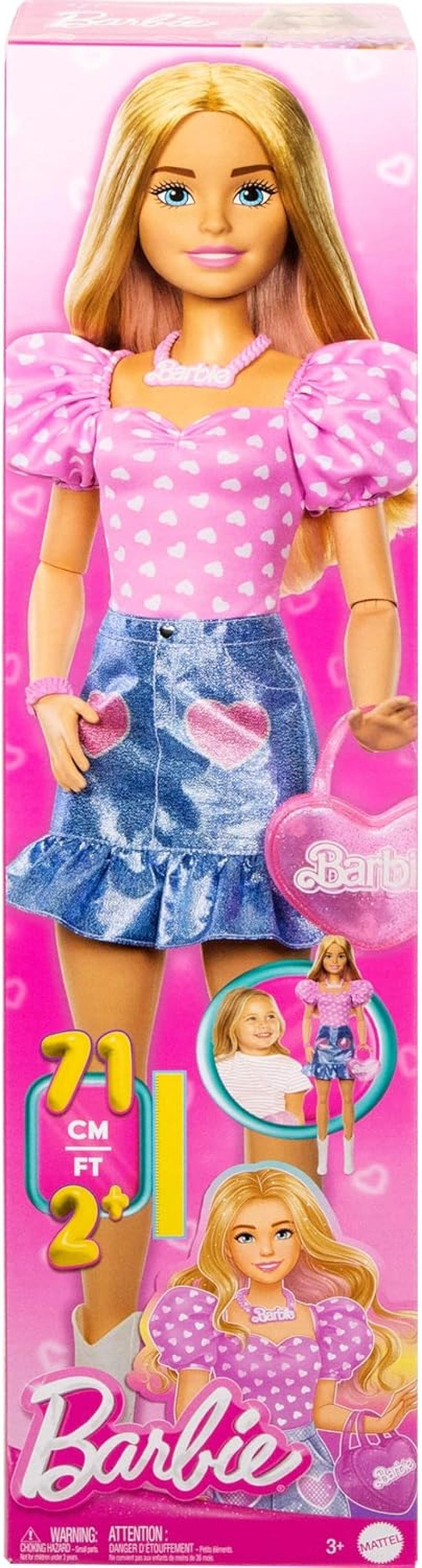 Muñeca Barbie de moda, 71cm, rubia, con ropa desmontable, falda vaquera superior rosa, botas vaqueras, collar y bolso HYT84