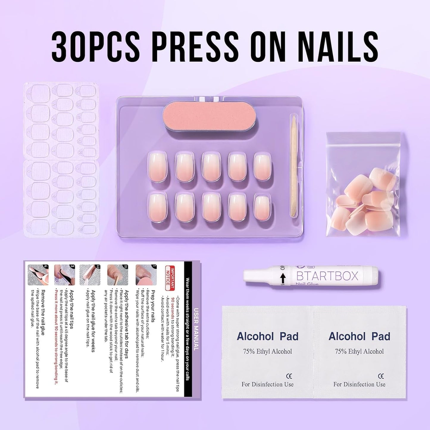 Btartbox Uñas Postizas Cuadradas Cortas Pegamento Baby Boomer En Uñas Postizas Rosa Degradado Blanco Uñas Artificiales Cortas con Pegamento para Uñas 30 Piezas Uñas Postizas Cuadradas