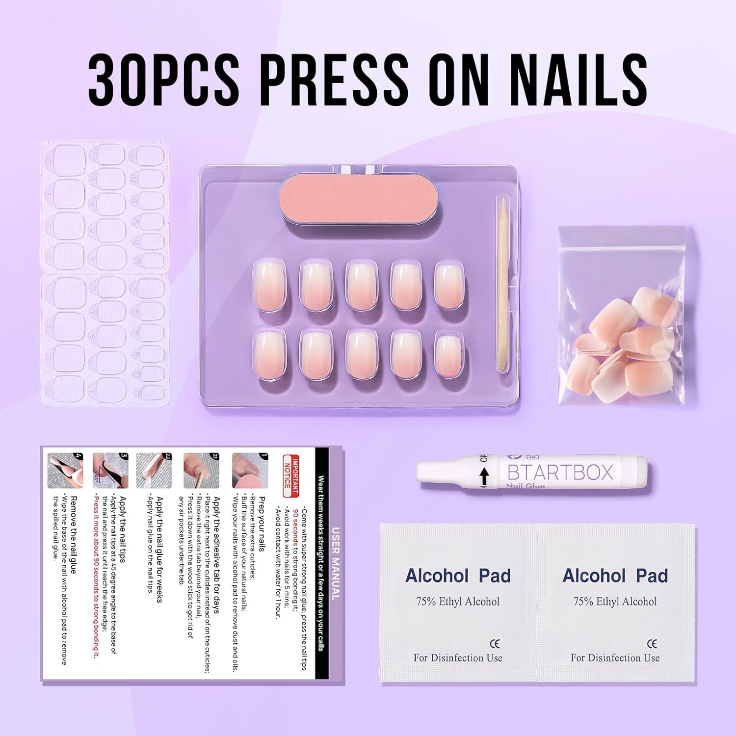 Btartbox Uñas Postizas Cuadradas Cortas Pegamento Baby Boomer En Uñas Postizas Rosa Degradado Blanco Uñas Artificiales Cortas con Pegamento para Uñas 30 Piezas Uñas Postizas Cuadradas