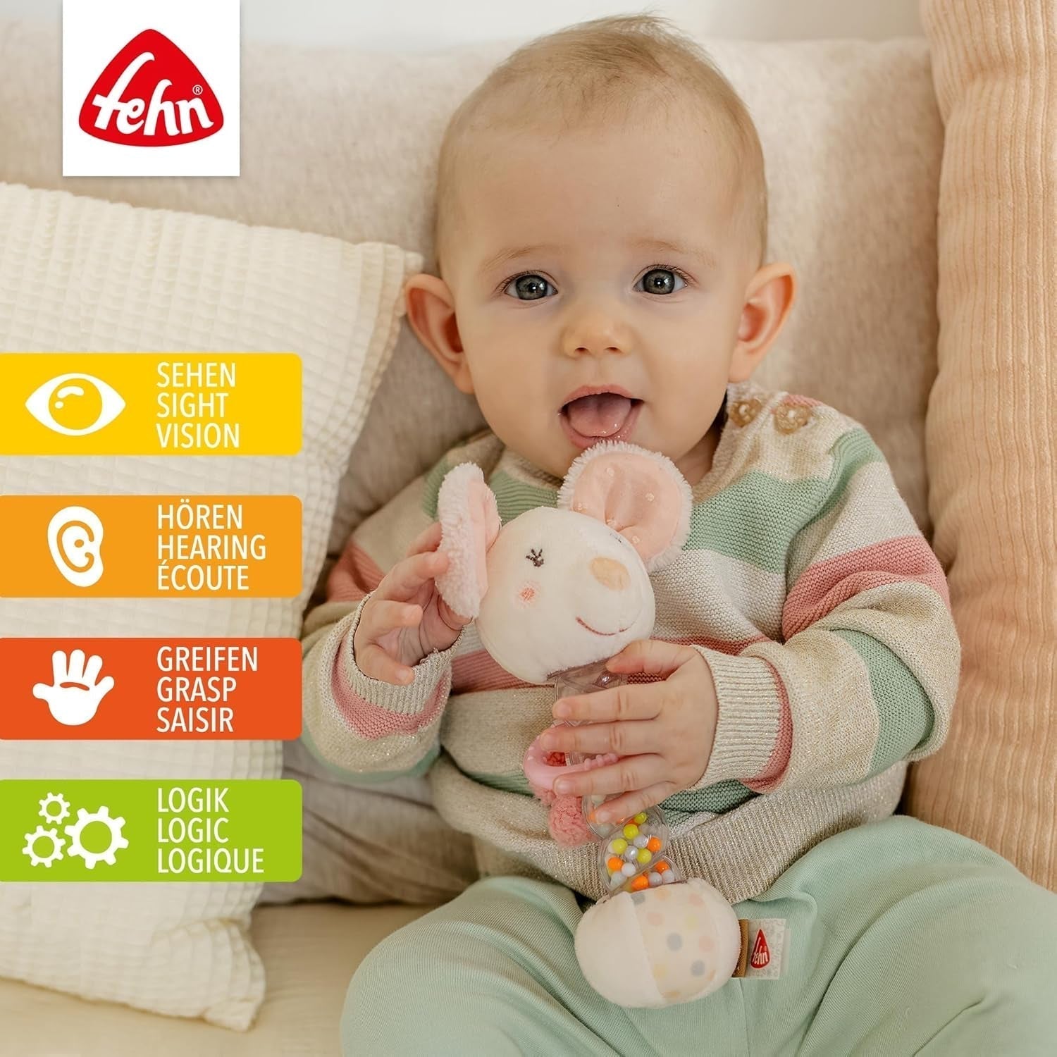 Ratón hace lluvia Fehn - juguete de motricidad con cascabel para agarrar y hacer ruidos - el palo de cascabel estimula de forma lúdica los sentidos y la motricidad - para bebés y niños pequeños a partir de 0 meses Baby Toys Naty Shop