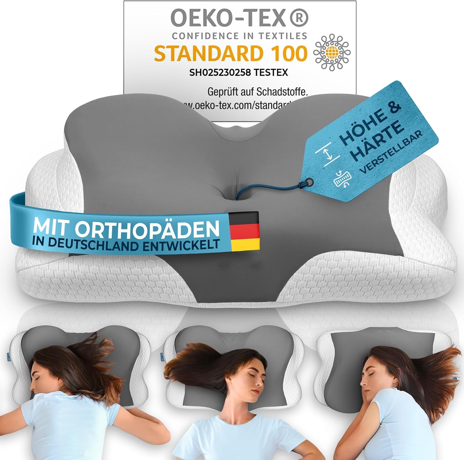 Almohada ortopédica [Nominada al Premio a la Innovación en Ergonomía] Almohada para el dolor de cuello hecha de espuma viscoelástica | Almohada de apoyo para el cuello Almohada ergonómica para dormir de lado Almohadas ortopédicas cervicales grises Naty Shop Gris Kissen [Versión:Allrounder]