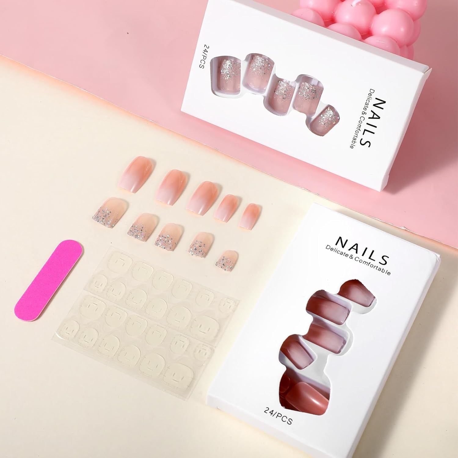 48 Uds pegamento corto en las uñas 2 estilos uñas francesas cuadradas cortas con pegamento para uñas y lima de uñas uñas postizas ombré rosa y blanco para mujer