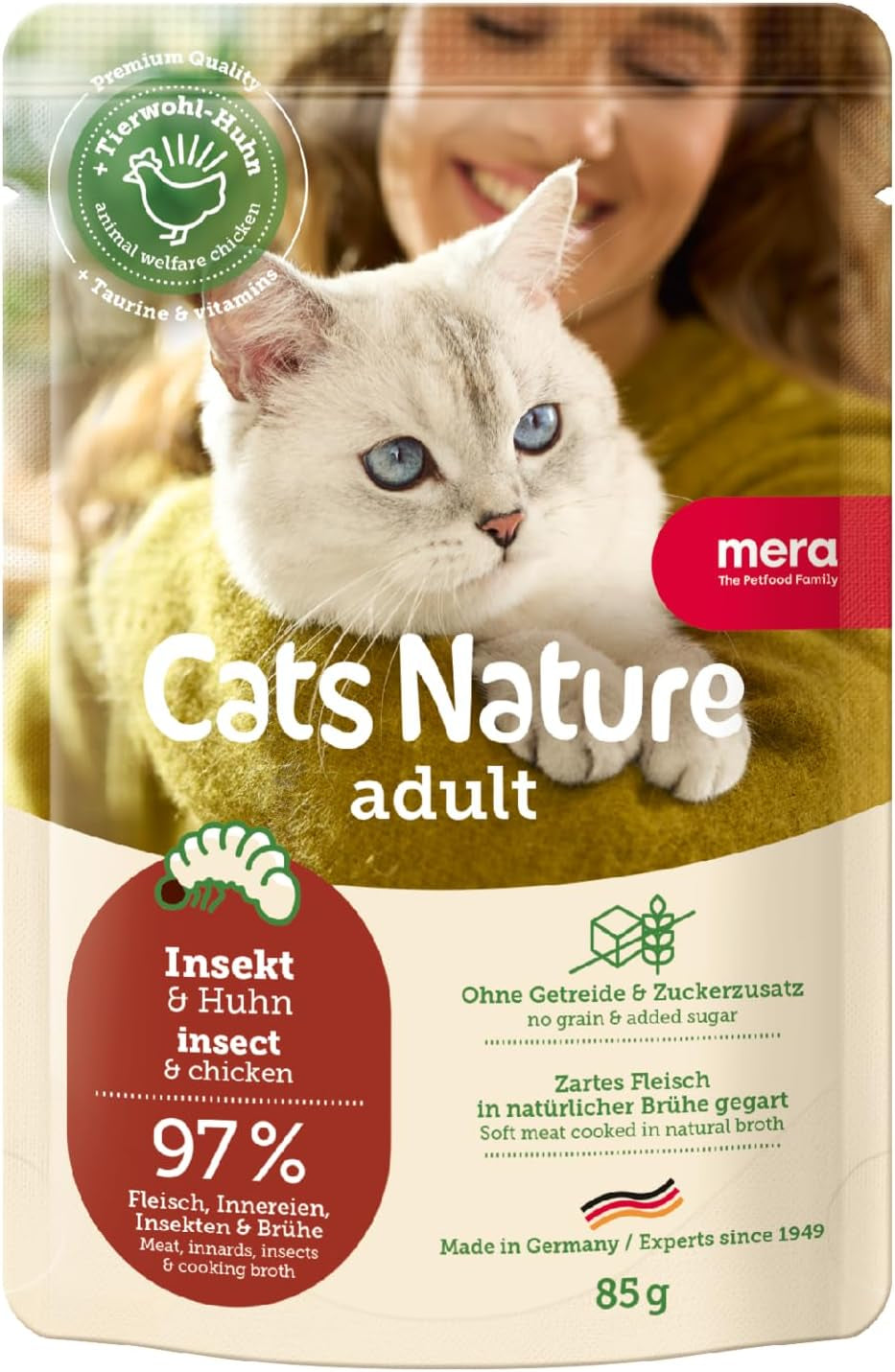 MERA Gatos Naturaleza Insecto Premium Katzenfutter Nass 12x85g | sin Zucker y Getreide| Nachhaltig & mit viel Insektenprotein | Katzennassfutter adulto