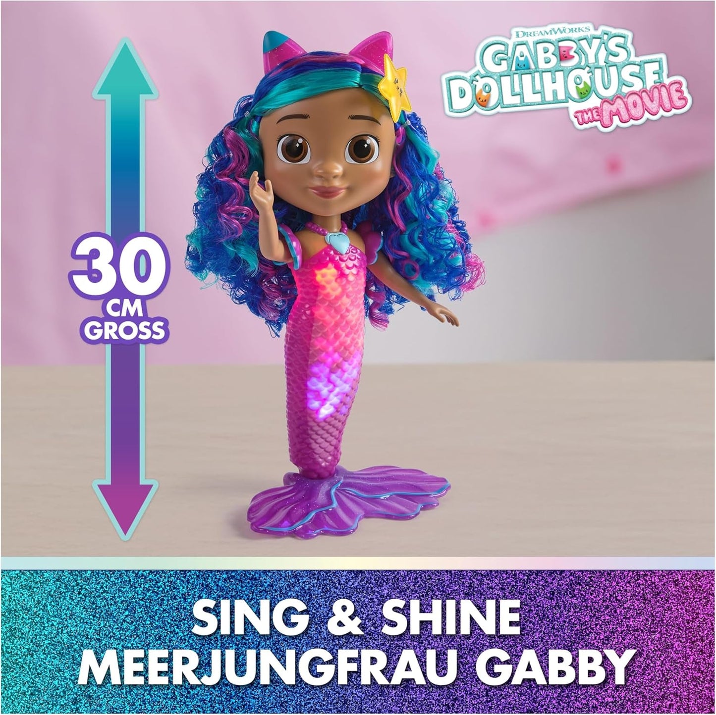 CASA DE MUÑECAS DREAMWORKS GABBY – Sing & Shine Meerjungfrau Gabby, muñeca grande de 35 cm con efectos de luz y sonido, estilo alemán, para niños de 3 años