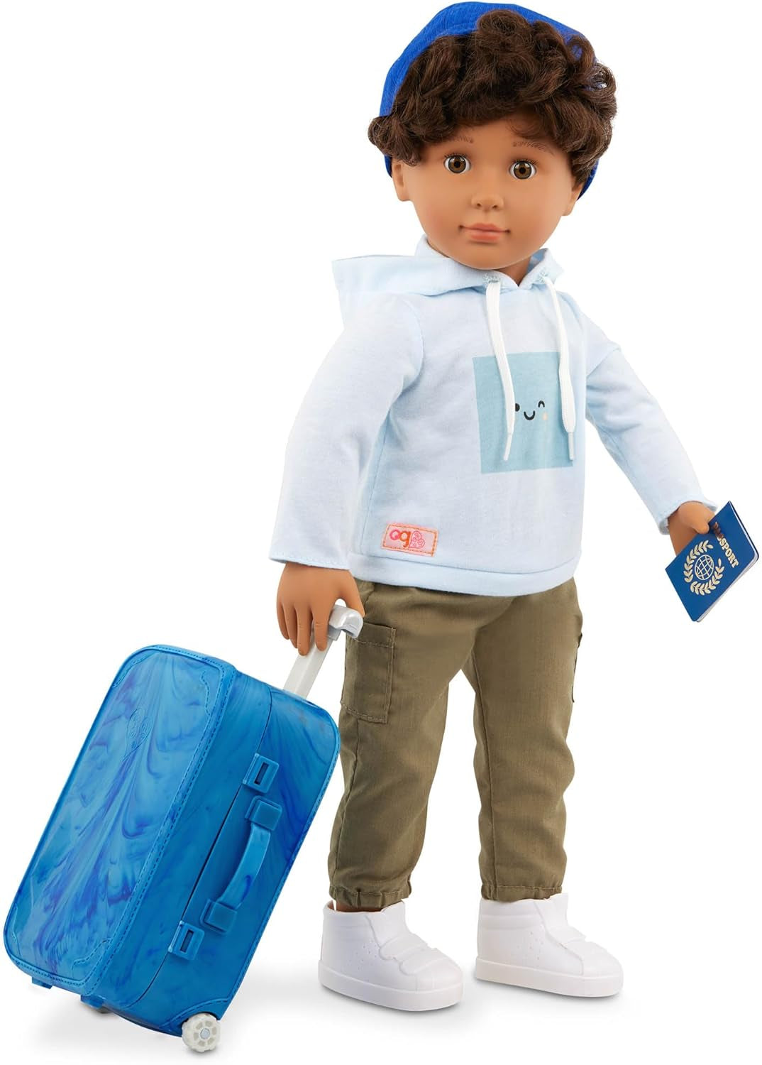 Our Generation - Milo - Muñeco de 46 cm - Ojos marrones realistas y pelo castaño rizado - Equipaje con ruedas y accesorios de viaje - Juego de simulación - Juguete para edades de 3 años en adelante