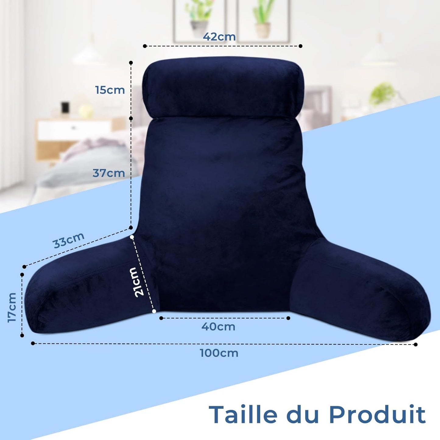 INFANZIA Almohada de lectura con reposabrazos, viscoelástica, soporte ergonómico para sofá y cama, azul marino