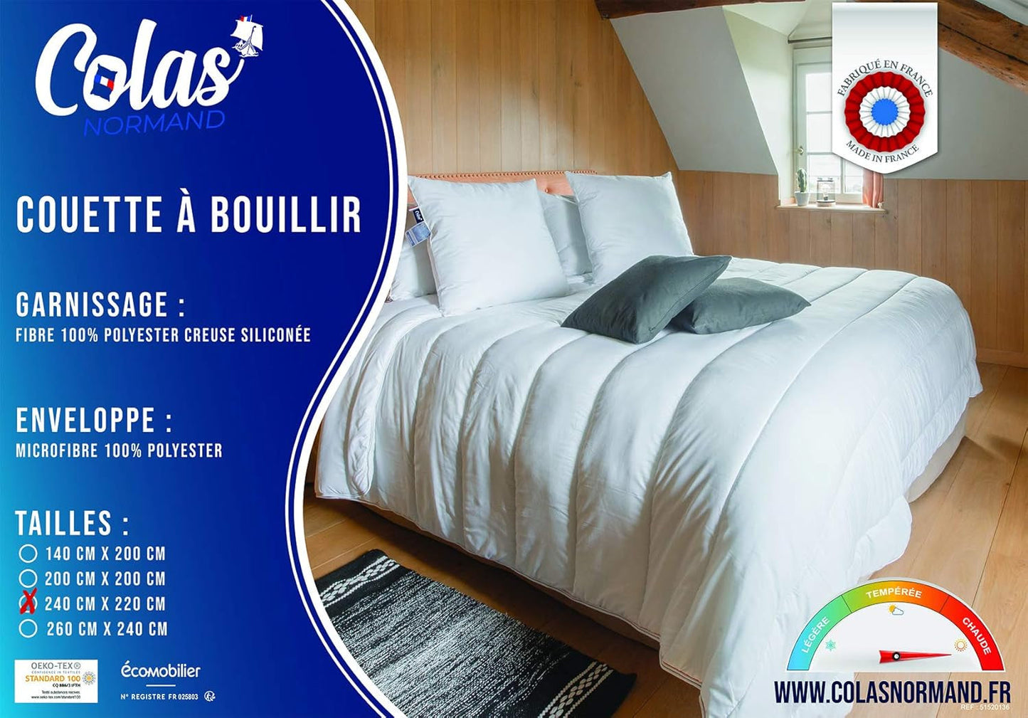 COLAS NORMAND Edredón cálido, lavable a 95°C, 240 X 220 Cm, duradero, microfibra, suave, sedoso y confortable, hecho en Francia, blanco Edredones y edredones Naty Shop