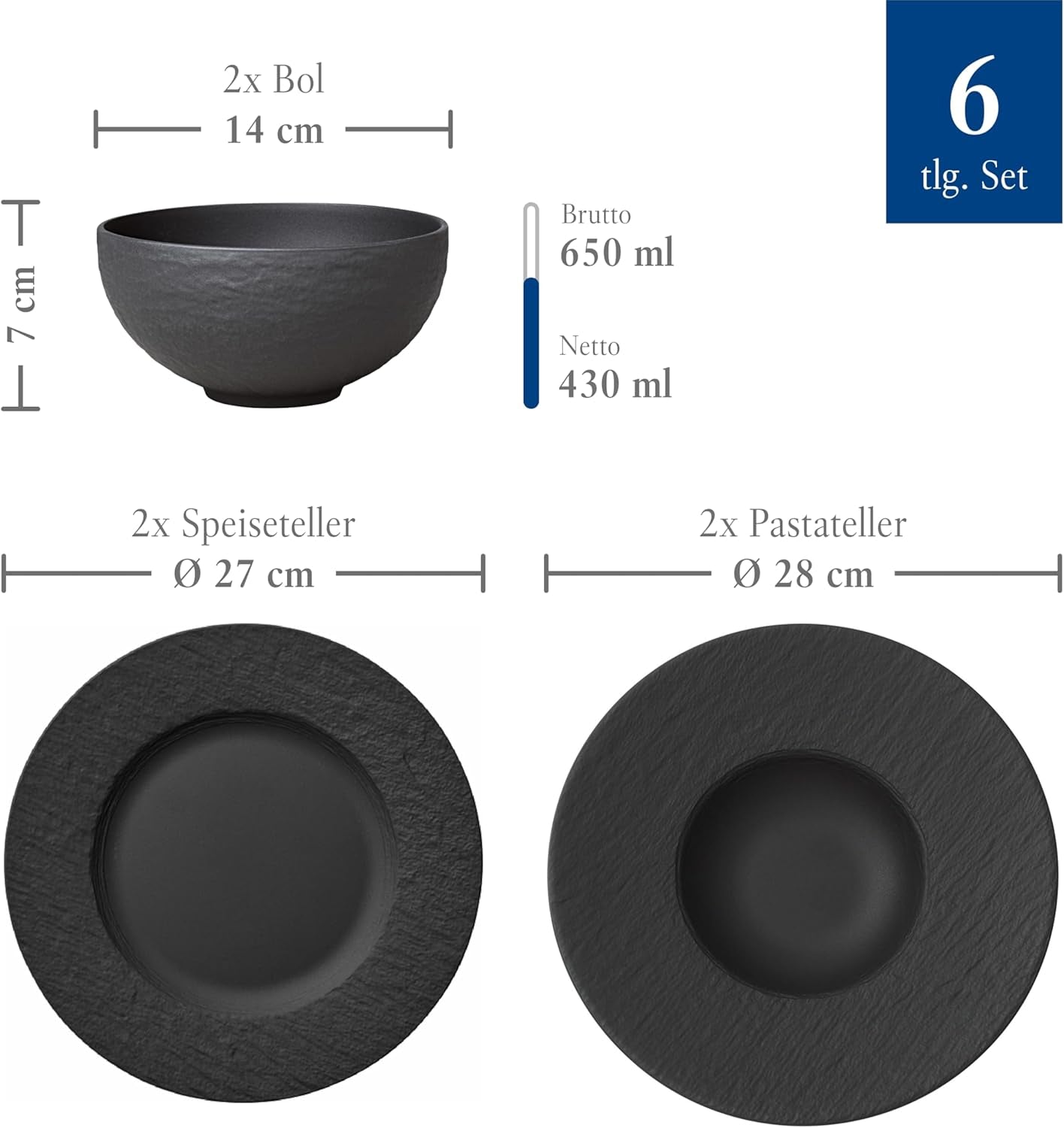 Villeroy & Boch Manufacture Rock Starter Set, 6 piezas, negro, apto para lavavajillas y microondas, vajilla negra mate, vajilla, cubiertos, porcelana premium