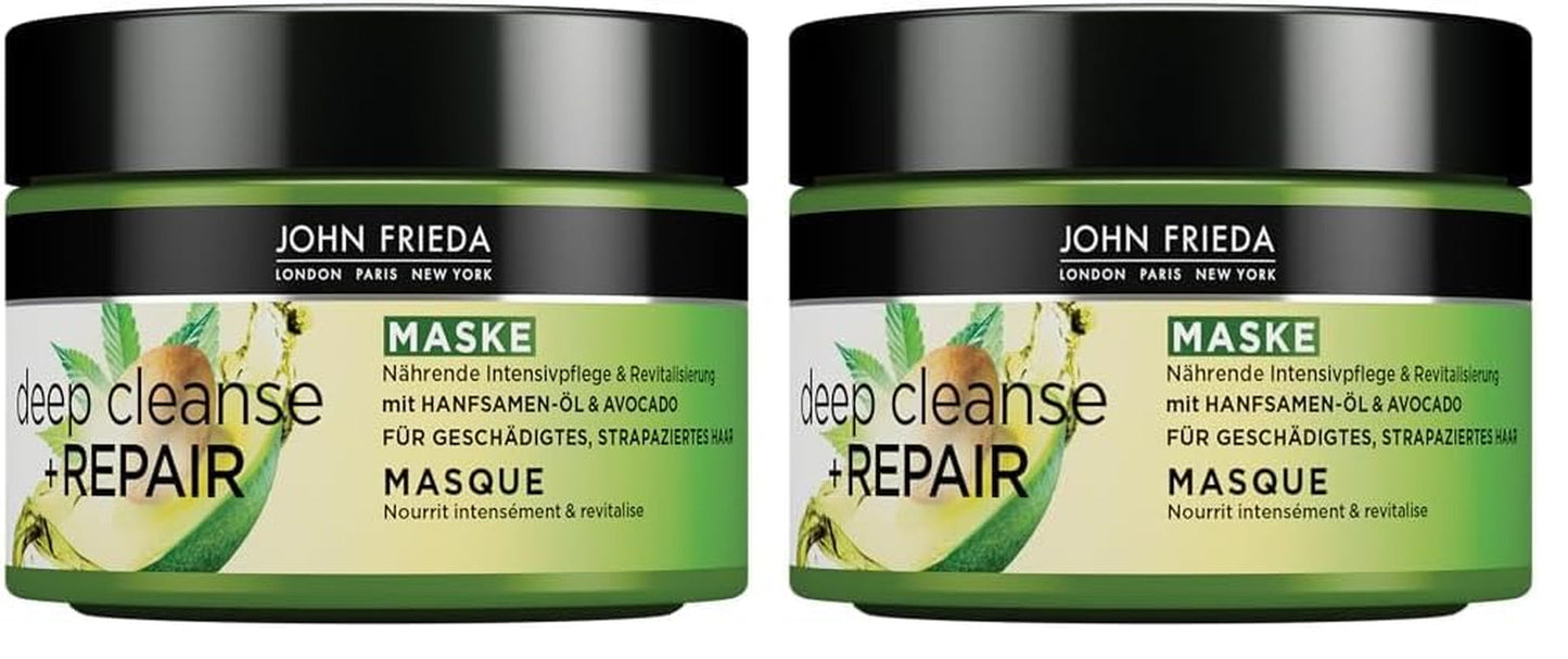 John Frieda - Mascarilla / Tratamiento Deep Cleanse & Repair - Contenido: 250 ml - Con aceite de semilla de cáñamo + aguacate nutritivo - Mascarilla capilar calmante para cabello dañado Naty Shop mascarilla capilar 250 ml (pack de 2)
