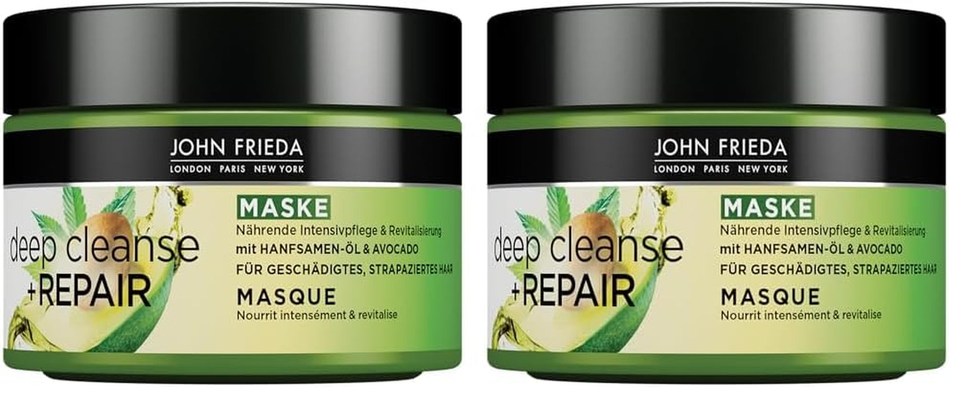 John Frieda - Mascarilla / Tratamiento Deep Cleanse & Repair - Contenido: 250 ml - Con aceite de semilla de cáñamo + aguacate nutritivo - Mascarilla capilar calmante para cabello dañado Naty Shop mascarilla capilar 250 ml (pack de 2)