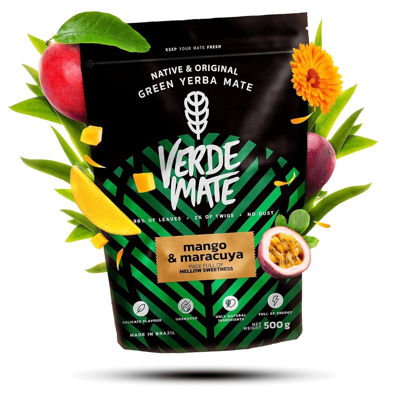 Green Mate Mango Verde y Maracuyá 0,5Kg | Té de yerba mate | El sabor exótico del té Mate El poder de refrescarse | Estimulación natural | Té Mate de Brasil | 500 gramos