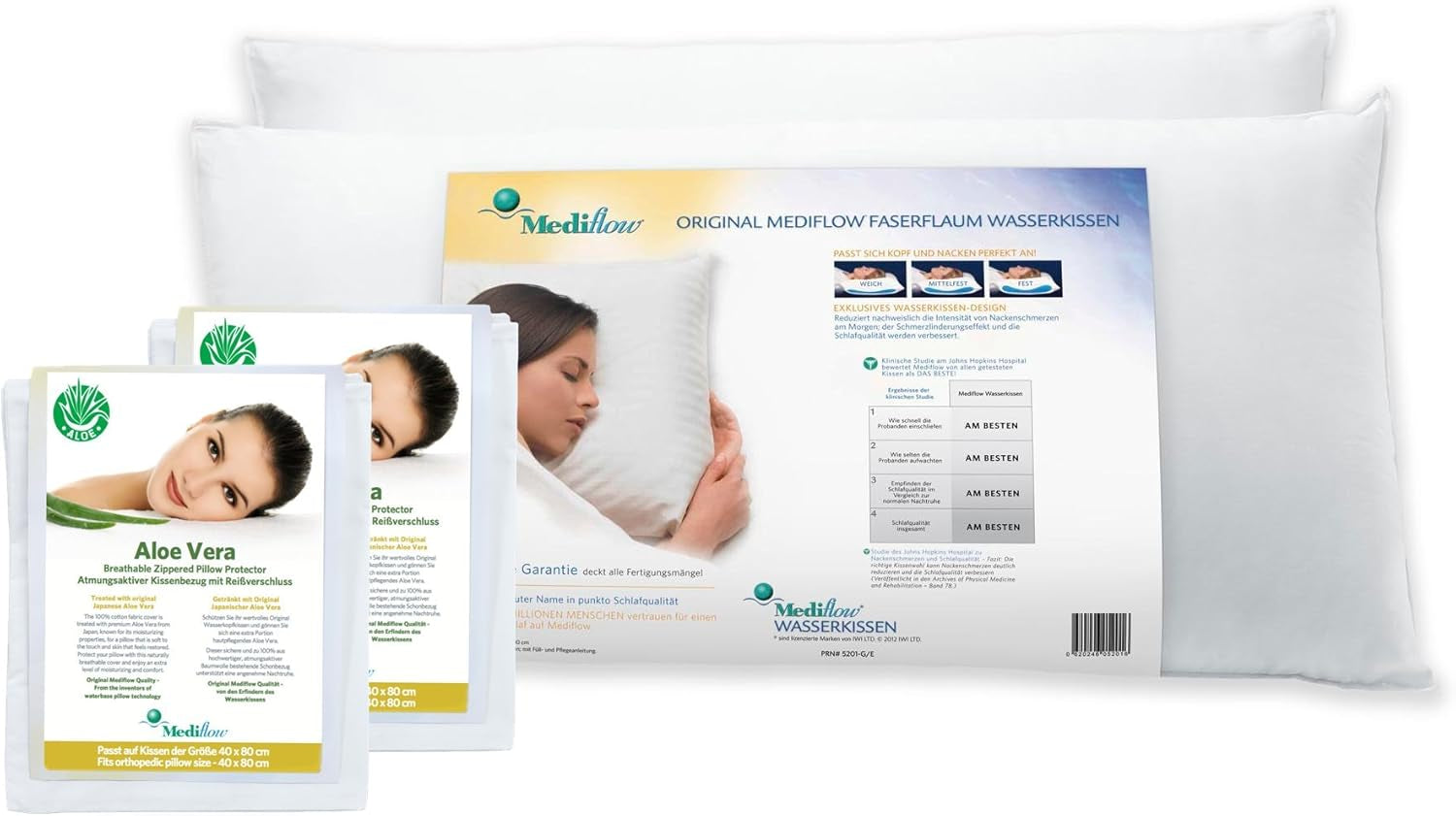 Mediflow 5222 Almohada Ortopédica de Apoyo, 2X Almohada de Agua con Funda de Aloe Vera, 40X80 cm, Blanco Naty Shop Almohadas Estándar Default Title