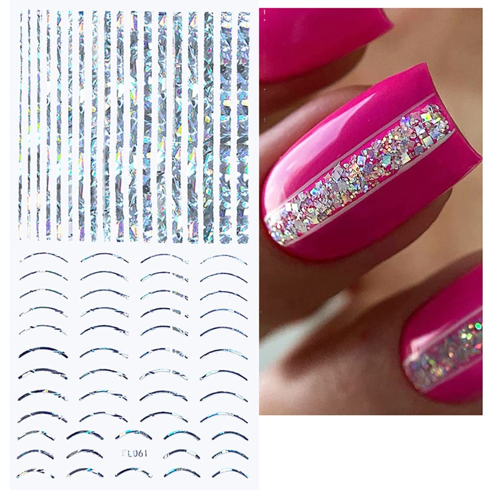 12 hojas de pegatinas autoadhesivas para uñas con líneas de brillo láser, pegatinas holográficas, pegatinas para uñas con rayas de bronce, líneas francesas, lazos curvos, líneas onduladas, pegatinas para uñas, accesorios para decoración de uñas