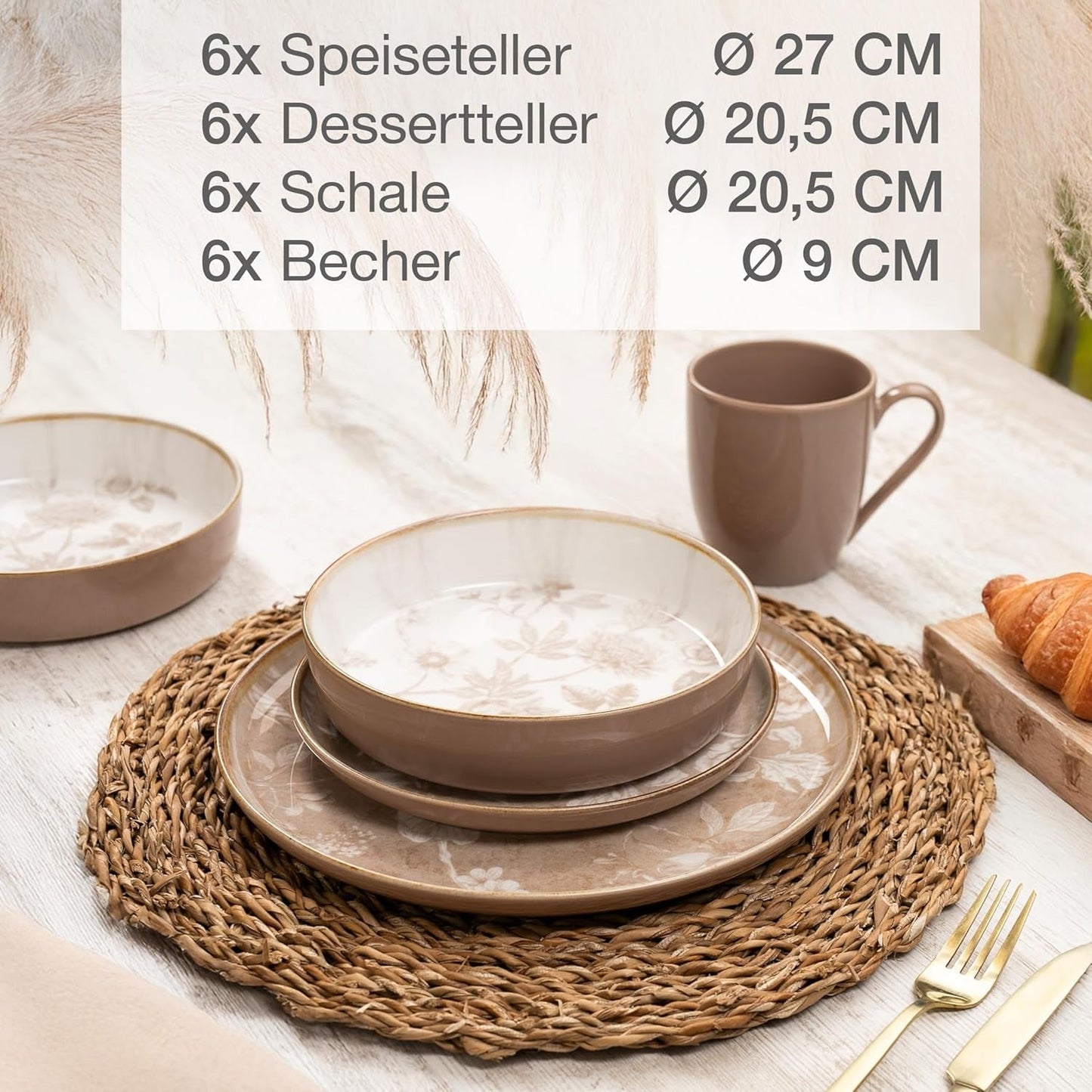 Moritz & Moritz MARIELLA Vajilla de gres de 24 piezas para 6 personas - Vajilla beige moderna con un diseño divertido, servicio de café de fácil cuidado con platos, cuencos y tazas - Juego combinado